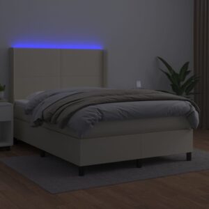 Κρεβάτι Boxspring με Στρώμα & LED Κρεμ 140x190 εκ. Συνθ. Δέρμα