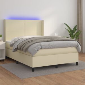 Κρεβάτι Boxspring με Στρώμα & LED Κρεμ 140x190 εκ. Συνθ. Δέρμα