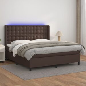 Κρεβάτι Boxspring με Στρώμα & LED Καφέ 160x200 εκ. Συνθ. Δέρμα