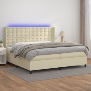 Κρεβάτι Boxspring με Στρώμα & LED Κρεμ 200x200 εκ. Συνθ. Δέρμα