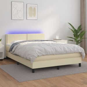 Κρεβάτι Boxspring με Στρώμα & LED Κρεμ 140x190 εκ. Συνθ. Δέρμα