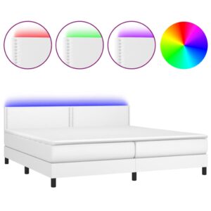 Κρεβάτι Boxspring με Στρώμα & LED Λευκό 200x200 εκ. Συνθ. Δέρμα