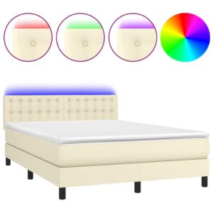 Κρεβάτι Boxspring με Στρώμα & LED Κρεμ 140x190 εκ. Συνθ. Δέρμα