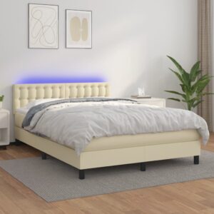 Κρεβάτι Boxspring με Στρώμα & LED Κρεμ 140x190 εκ. Συνθ. Δέρμα