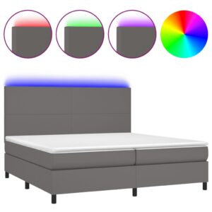 Κρεβάτι Boxspring με Στρώμα & LED Γκρι 200x200 εκ. Συνθ. Δέρμα