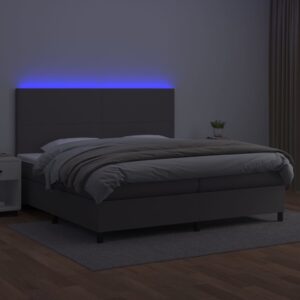 Κρεβάτι Boxspring με Στρώμα & LED Γκρι 200x200 εκ. Συνθ. Δέρμα