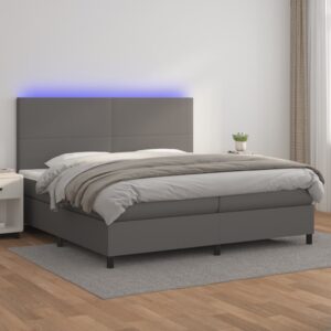 Κρεβάτι Boxspring με Στρώμα & LED Γκρι 200x200 εκ. Συνθ. Δέρμα