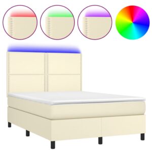 Κρεβάτι Boxspring με Στρώμα & LED Κρεμ 140x190 εκ. Συνθ. Δέρμα