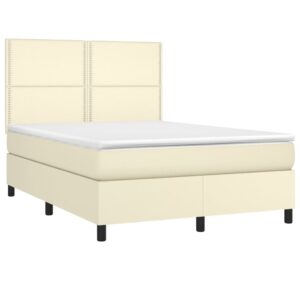 Κρεβάτι Boxspring με Στρώμα & LED Κρεμ 140x190 εκ. Συνθ. Δέρμα