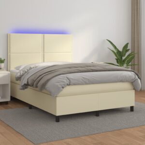 Κρεβάτι Boxspring με Στρώμα & LED Κρεμ 140x190 εκ. Συνθ. Δέρμα