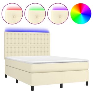 Κρεβάτι Boxspring με Στρώμα & LED Κρεμ 140x190 εκ. Συνθ. Δέρμα