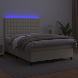 Κρεβάτι Boxspring με Στρώμα & LED Κρεμ 140x190 εκ. Συνθ. Δέρμα