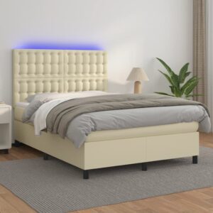 Κρεβάτι Boxspring με Στρώμα & LED Κρεμ 140x190 εκ. Συνθ. Δέρμα