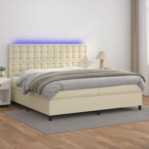 Κρεβάτι Boxspring με Στρώμα & LED Κρεμ 200x200 εκ. Συνθ. Δέρμα