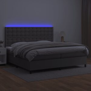 Κρεβάτι Boxspring με Στρώμα & LED Γκρι 200x200 εκ. Συνθ. Δέρμα