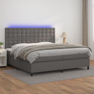 Κρεβάτι Boxspring με Στρώμα & LED Γκρι 200x200 εκ. Συνθ. Δέρμα