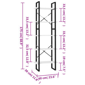 Βιβλιοθήκη με 5 Ράφια Λευκή 60 x 30 x 175 εκ. από Ξύλο Πεύκου