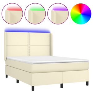 Κρεβάτι Boxspring με Στρώμα & LED Κρεμ 140x190 εκ. Συνθ. Δέρμα