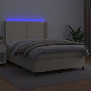 Κρεβάτι Boxspring με Στρώμα & LED Κρεμ 140x190 εκ. Συνθ. Δέρμα