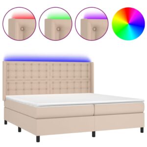 Κρεβάτι Boxspring Στρώμα&LED Καπουτσίνο 200x200 εκ. Συνθ. Δέρμα