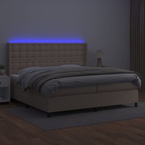 Κρεβάτι Boxspring Στρώμα&LED Καπουτσίνο 200x200 εκ. Συνθ. Δέρμα