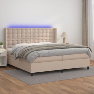 Κρεβάτι Boxspring Στρώμα&LED Καπουτσίνο 200x200 εκ. Συνθ. Δέρμα