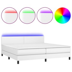 Κρεβάτι Boxspring με Στρώμα & LED Λευκό 200x200 εκ. Συνθ. Δέρμα