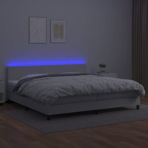 Κρεβάτι Boxspring με Στρώμα & LED Λευκό 200x200 εκ. Συνθ. Δέρμα