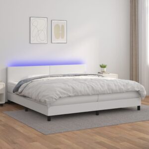 Κρεβάτι Boxspring με Στρώμα & LED Λευκό 200x200 εκ. Συνθ. Δέρμα