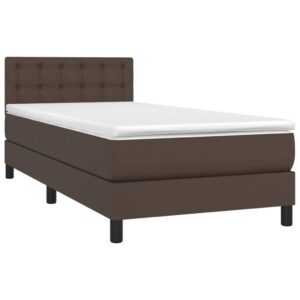 Κρεβάτι Boxspring με Στρώμα & LED Καφέ 90x200 εκ. Συνθ. Δέρμα