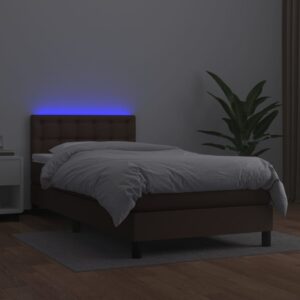 Κρεβάτι Boxspring με Στρώμα & LED Καφέ 90x200 εκ. Συνθ. Δέρμα