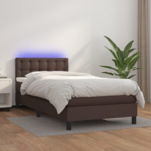 Κρεβάτι Boxspring με Στρώμα & LED Καφέ 90x200 εκ. Συνθ. Δέρμα