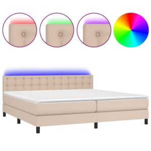 Κρεβάτι Boxspring Στρώμα&LED Καπουτσίνο 200x200 εκ. Συνθ. Δέρμα