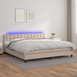 Κρεβάτι Boxspring Στρώμα&LED Καπουτσίνο 200x200 εκ. Συνθ. Δέρμα