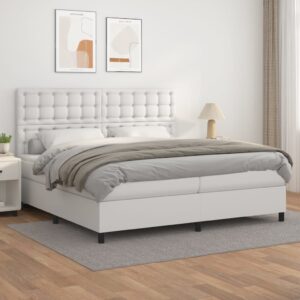 Κρεβάτι Boxspring με Στρώμα Λευκό 200x200 εκ. Συνθετικό Δέρμα